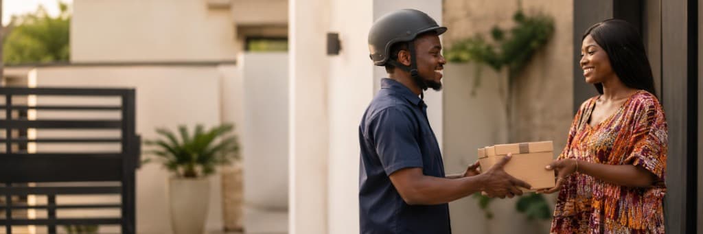 Diatel rider handing a package to a customer