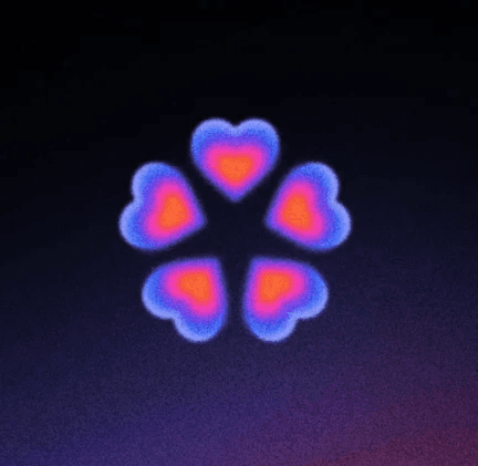 Glowing neon heart petals on a dark background