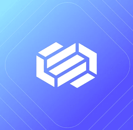 White geometric S logo on a blue gradient background