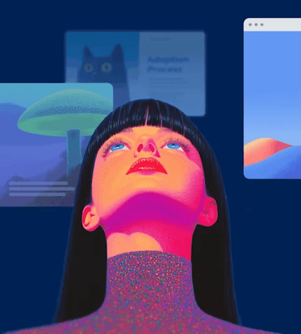 Illustrated portrait with floating interface cards