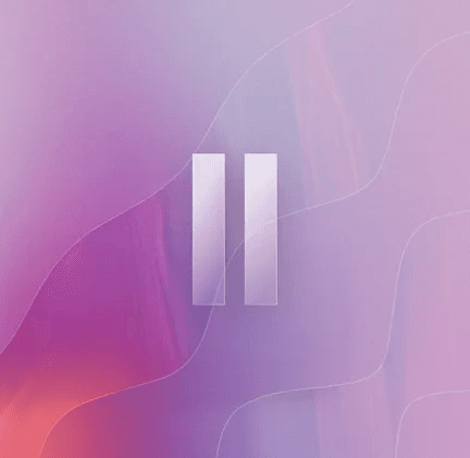 Glass pause icon over purple and pink waves