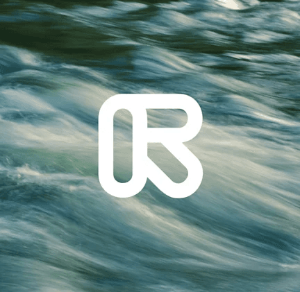 White logo mark over flowing water